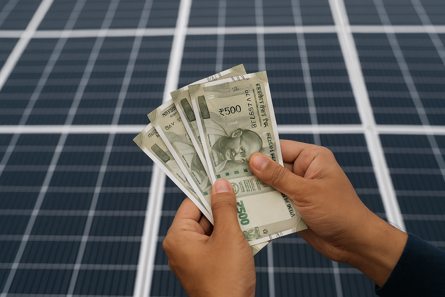 Solar calculator interface with solar panels in the background